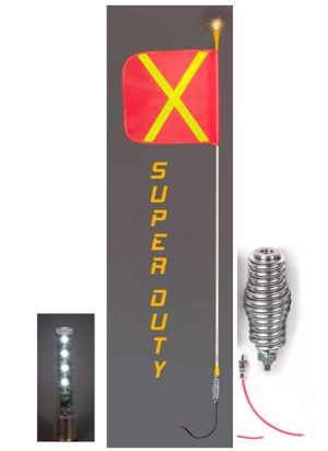 SUPER DUTY 8' WHIP WITH RELECTIVE FLAG, LIGHT, SPRING MOUNT