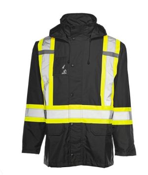 HI VIZ BLACK 300 DENIER OXFORD POLYESTER & POLYURETHANE RAIN JACKET CSA Z96-22 CLASS 1 LEVEL 2