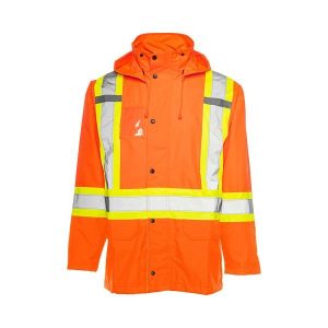 PREMIUM HI VIZ ORANGE RIPSTOP 450 DENIER POLYESTER PU COATED JACKET WITH REMOVEABLE HOOD CSA Z96-22 CLASS 2 LEVEL 2