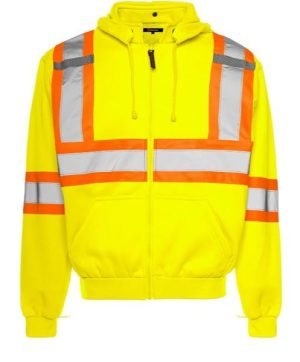 TRAFFIC HI-VIZ ZIP UP YELLOW HOODIE WITH DETACHABLE HOOD & 4" CSA REFLECTIVE CSA Z96-22 CLASS 2 LEVEL 2