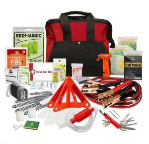 EMERGENCY HIGHWAY AUTO SAFETY KIT IN RED NYLON BAG