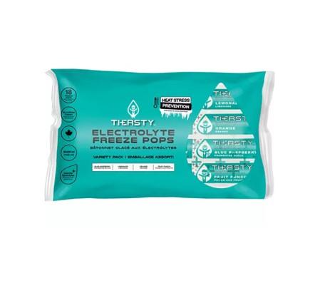 THERSTY HYDRATION DRINKS FREEZER POP MIXED FLAVOURS (BLUE RASPBERRY, FRUIT PUNCH, ORANGE, LEMONADE), LOW CALORIE (18/BAG)
