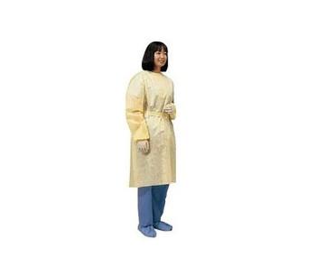 DISPOSABLE ISOLATION GOWN YELLOW SPUNBONDED POLYPROPYLENE, ONE SIZE FITS ALL, WITH ADJUSTABLE TIES