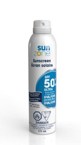 SUN ZONE WATER RESISTANT, NON GREASY SPF50 SUNSCREEN 177ML SPRAY CAN (MADE IN CANADA)