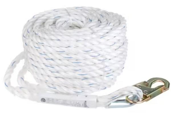 25FT WHITE 5/8" POLYESTER ROPE WITH SNAP HOOK CSA APPROVED MAX WORK LOAD 352LBS VERTICLE LIFELINE