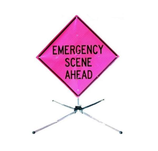 FOLD AND ROLL SYSTEM, SIGN STAND 36"X36" PINK "EMERGENCY SCENE AHEAD"